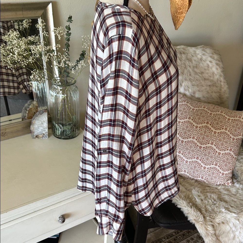 Ann Taylor loft white navy maroon plaid long sleeve boxy sheer blouse top M​​ - Picture 7 of 11